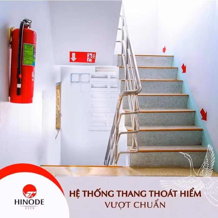 Hinode City được đầu tư hệ thống chữa cháy với 4 thang thoát hiểm (cao gấp đôi so với tiêu chuẩn quy định cho số lượng căn hiện có) (Ảnh: H.N)