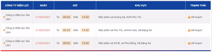 lịch cắt điện