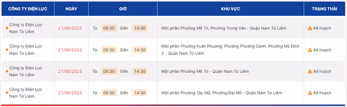 lịch cắt điện