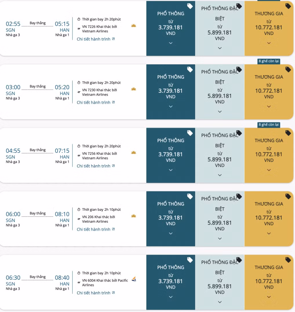 Giá vé máy bay chặng TP.HCM - Hà Nội ngày 28/12 (AL)