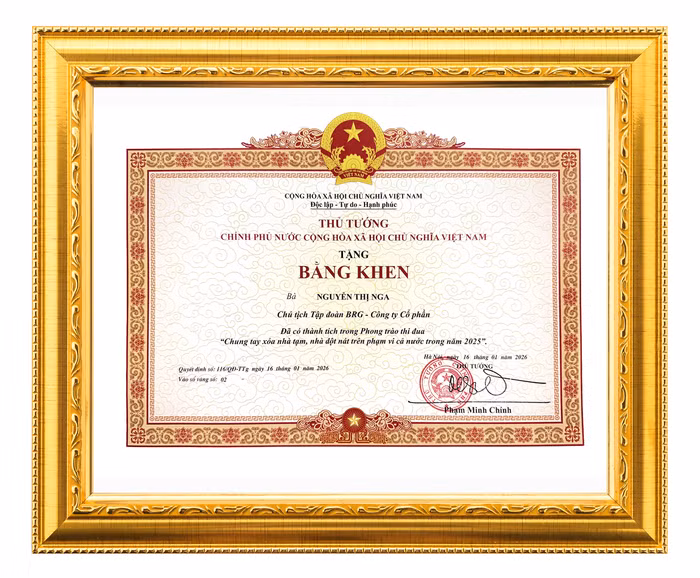 Bằng khen của Thủ tướng Chính phủ trao tặng Madame Nguyễn Thị Nga, Chủ tịch Tập đoàn BRG