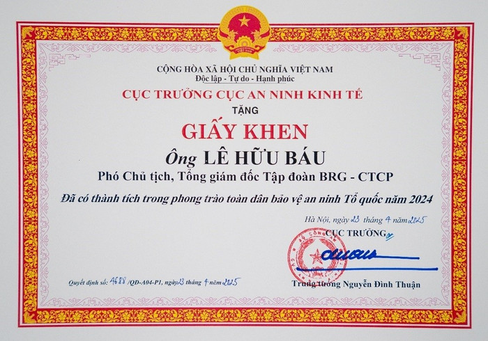 Giấy khen ông Lê Hữu Báu, Phó Chủ tịch, Tổng Giám đốc Tập đoàn BRG, từ Cục An ninh kinh tế, Bộ Công an f3.jpg