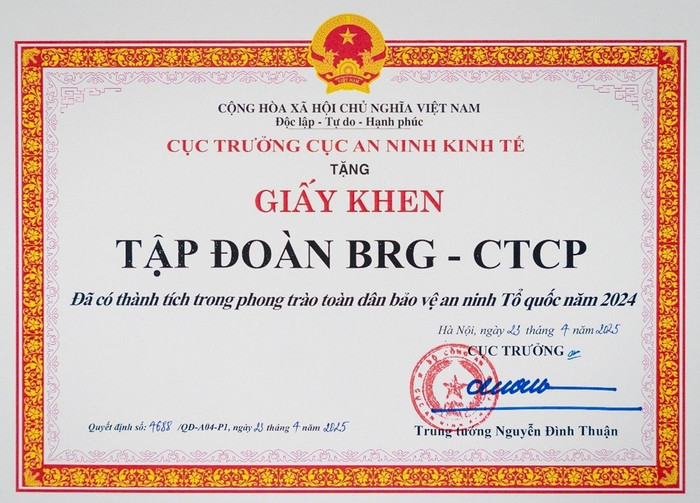 Giấy khen Tập đoàn BRG từ Cục An ninh kinh tế, Bộ Công an