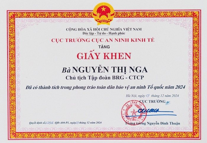 Giấy khen bà Nguyễn Thị Nga, Chủ tịch Tập đoàn BRG, từ Cục An ninh kinh tế, Bộ Công an f2.jpg