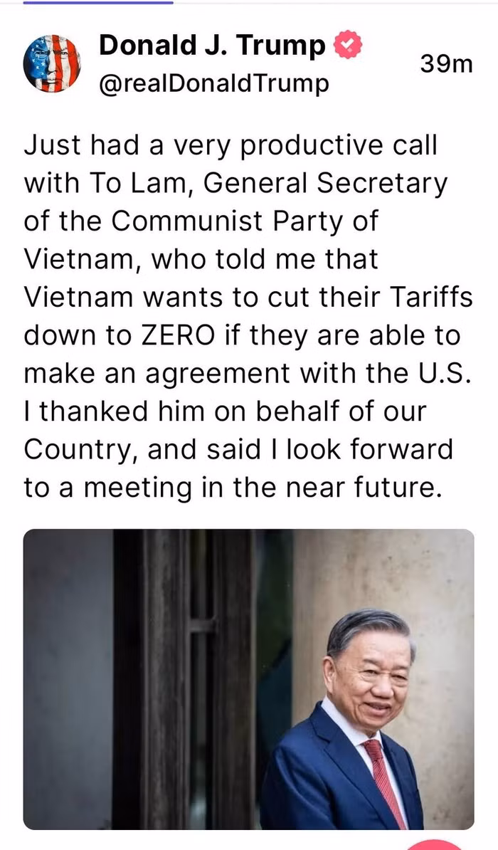 Tổng thống Hoa Kỳ Donald Trump chia sẻ về "cuộc điện đàm rất hiệu quả" với Tổng Bí thư Tô Lâm