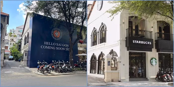 Thương hiệu Adoré - World Coffee được giới thiệu ở banner bên ngoài mặt bằng Starbucks thuê trước kia