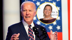 Bà Abigail Disney (ảnh nhỏ) có ý định ngừng tài trợ cho Đảng Dân chủ nếu ông Joe Biden không rút lui khỏi cuộc tranh cử