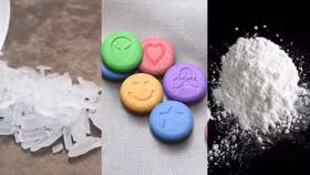 Lần lượt từ trái sang là Methamphetamine (ma túy đá), MDMA (thuốc lắc) và Ketamine (ke)