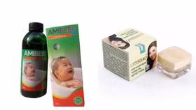 Nước tắm gội trẻ em Amibebe Pro (bên trái) và kem trắng da, ngừa mụn, mờ vết thâm LYNSHAO (bên phải)