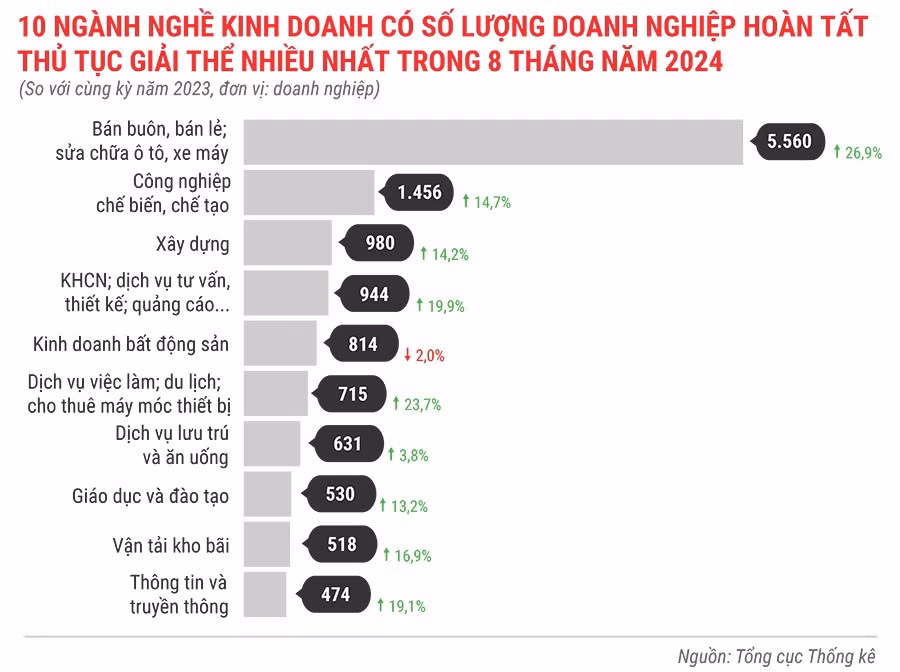 10 ngành nghề kinh doanh có số lượng DN hoàn tất thủ tục giải thể nhiều nhất trong 8 tháng ĐẦU năm 2024.jpg