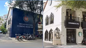 Thương hiệu Adoré - World Coffee được giới thiệu ở banner bên ngoài mặt bằng Starbucks thuê trước kia