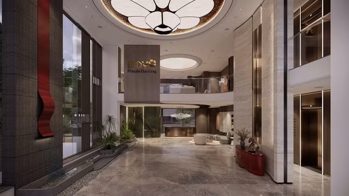 Biểu tượng hoa mai vàng nổi bật tại sảnh đón khách chi nhánh Trung tâm Khách hàng Cá nhân cao cấp miền Nam