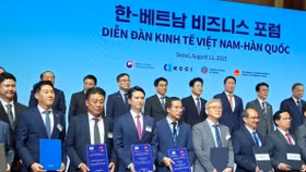 Diễn đàn Doanh nghiệp Hàn Quốc - Việt Nam tại Seoul quy tụ nhiều doanh nhân lớn, trong đó có CEO Dunamu Oh Kyoung-suk (hàng đầu, ngoài cùng bên trái) và Chủ tịch Ngân hàng Quân đội Việt Nam Lưu Trung Thái (hàng đầu, thứ hai từ trái sang)