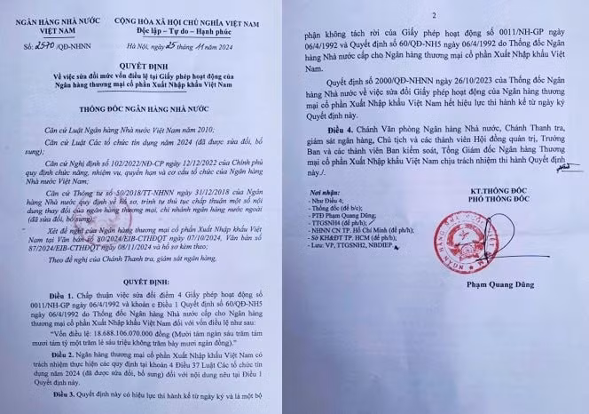 Văn bản Ngân hàng Nhà nước chấp thuận tăng vốn cho Eximbank