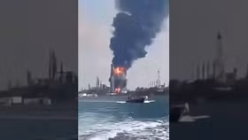 Cột khói đen dày đặc bốc lên khi ngọn lửa bùng cháy dữ dội trong nhà máy lọc dầu