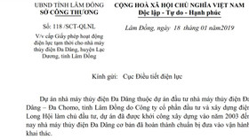 Lâm Đồng xin cấp phép tạm thời cho Dự án thủy điện Đa Dâng