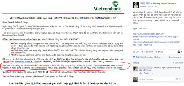 Vietcombank cảnh báo ứng dụng Việt Money Lover có nguy cơ làm mất tài khoản ảnh 1 Vietcombank cảnh báo ứng dụng Việt Money Lover có nguy cơ làm mất tài khoản ảnh 1