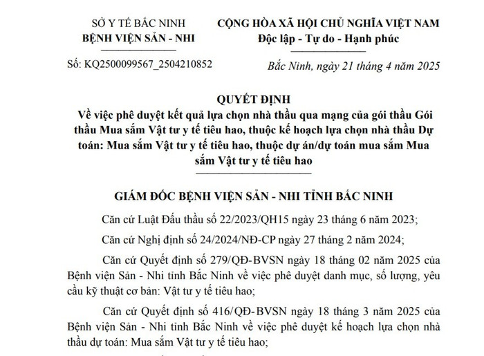 Gói thầu Mua sắm Vật tư y tế tiêu hao đang được Thiết bị y tế Tâm Thành thực hiện thì đơn vị này bị xử phạt và bị tước chứng chỉ hành nghề 4,5 tháng (tính từ ngày 26/4/2025). goi-thau-mua-sam-vat-tu-y-te-tieu-hao-ma-thiet-bi-y-te-tam-thanh-trung-thau-tai-benh-vien-san-nhi-tinh-bac-ninh.jpg