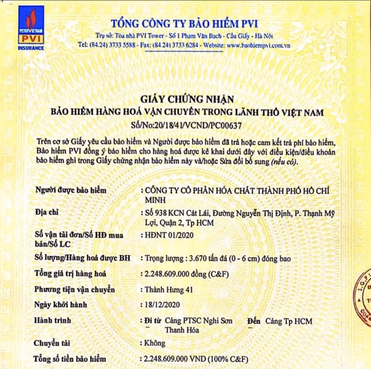 Giấy chứng nhận bảo hiểm do Bảo hiểm PVI cấp cho Công ty Cổ phần Hóa chất TP.HCM