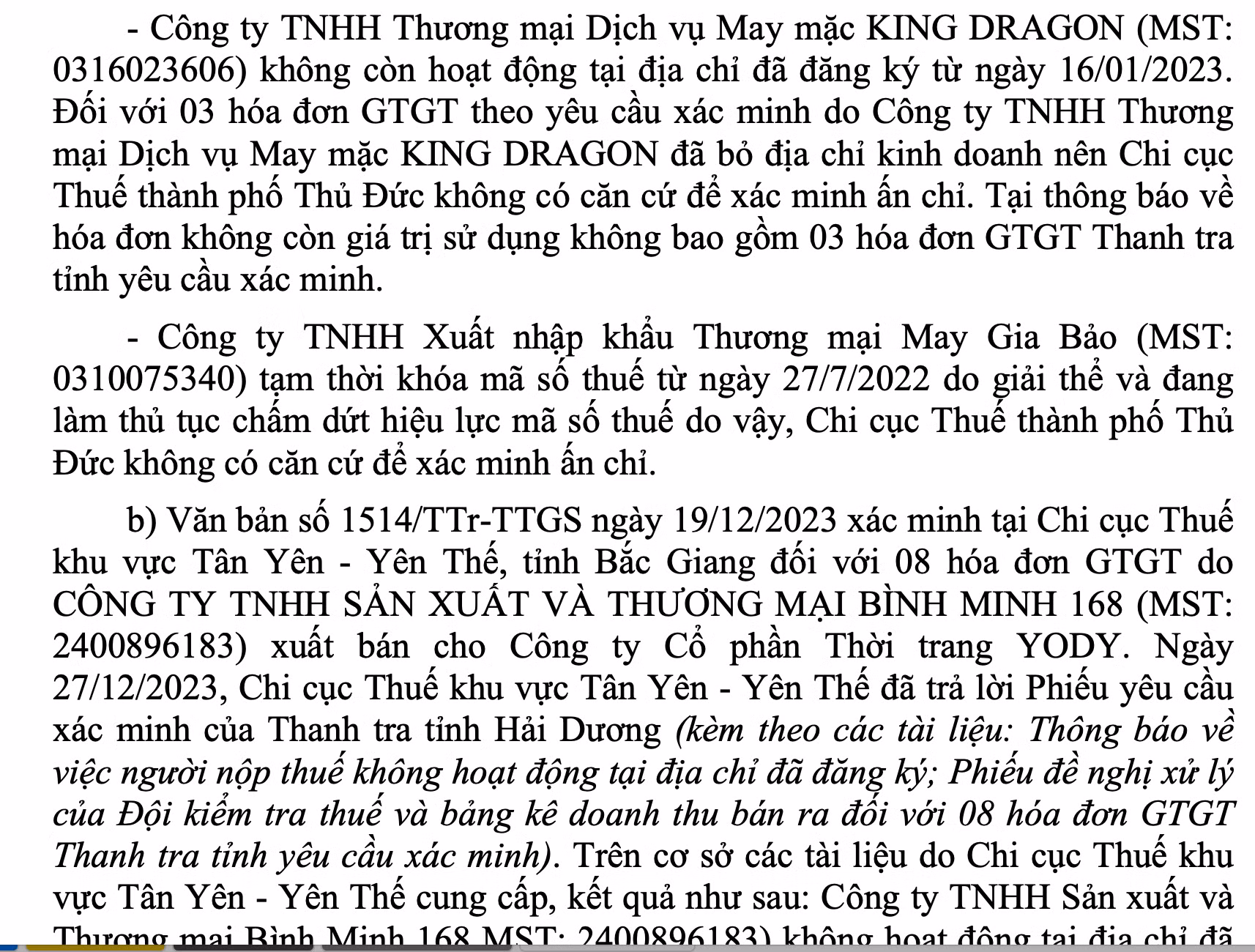 Thời trang YODY đã giao dịch với nhiều doanh nghiệp dừng hoạt động