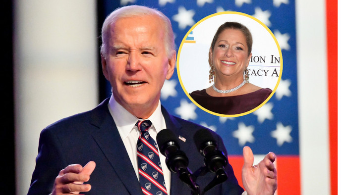 Bà Abigail Disney (ảnh nhỏ) có ý định ngừng tài trợ cho Đảng Dân chủ nếu ông Joe Biden không rút lui khỏi cuộc tranh cử