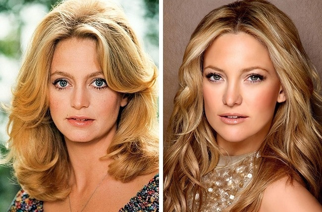 Goldie Hawn (năm 35 tuổi) và Kate Hudson (năm 30 tuổi) đều có chiếc mũi và khuôn miệng giống nhau. Goldie Hawn (năm 35 tuổi) và Kate Hudson (năm 30 tuổi) đều có chiếc mũi và khuôn miệng giống nhau.