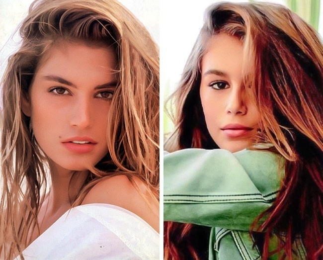 Cindy Crawford (năm 22 tuổi) và con gái Kaia Gerber (15 tuổi) với cặp lông mày và đôi mắt không lẫn đi đâu được. Cindy Crawford (năm 22 tuổi) và con gái Kaia Gerber (15 tuổi) với cặp lông mày và đôi mắt không lẫn đi đâu được.