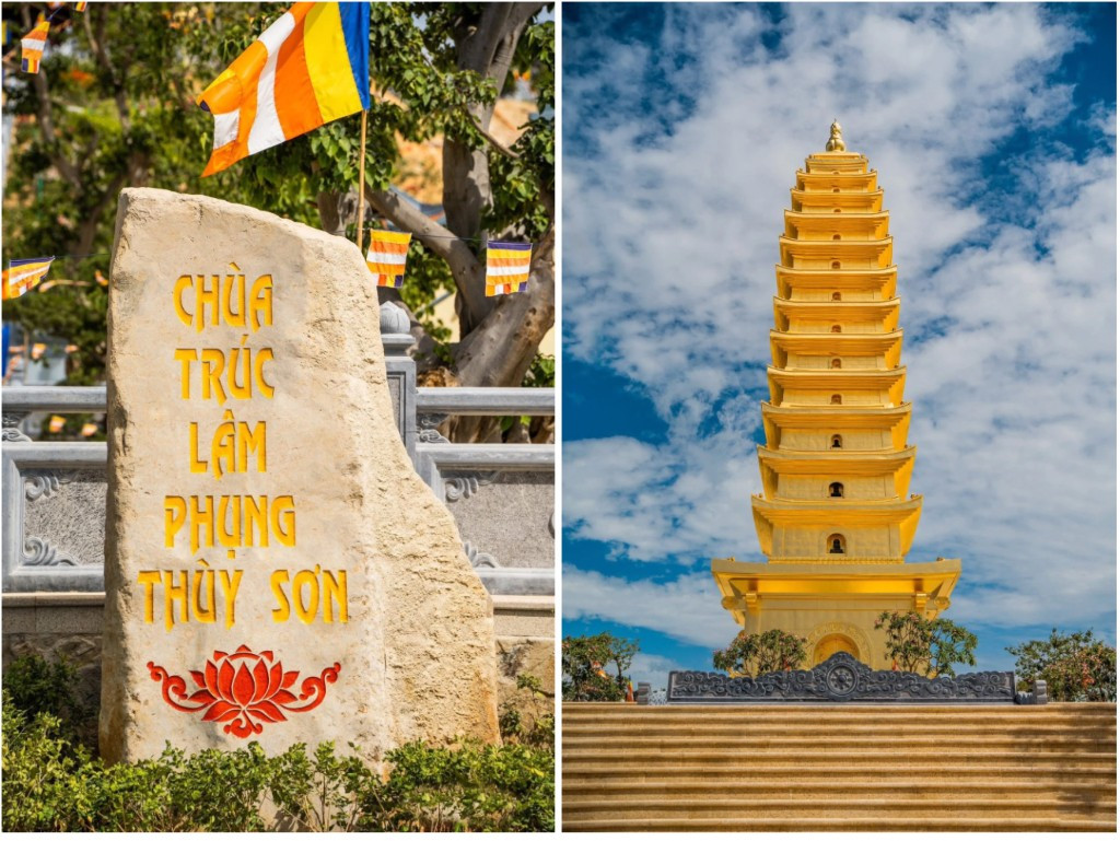 Điểm nhấn đặc biệt của công trình là bảo tháp Quang Minh cao 13 tầng, với gam màu vàng ánh kim rực rỡ, bên trong đặt 49 pho tượng Phật Thích Ca Mâu Ni bằng ngọc