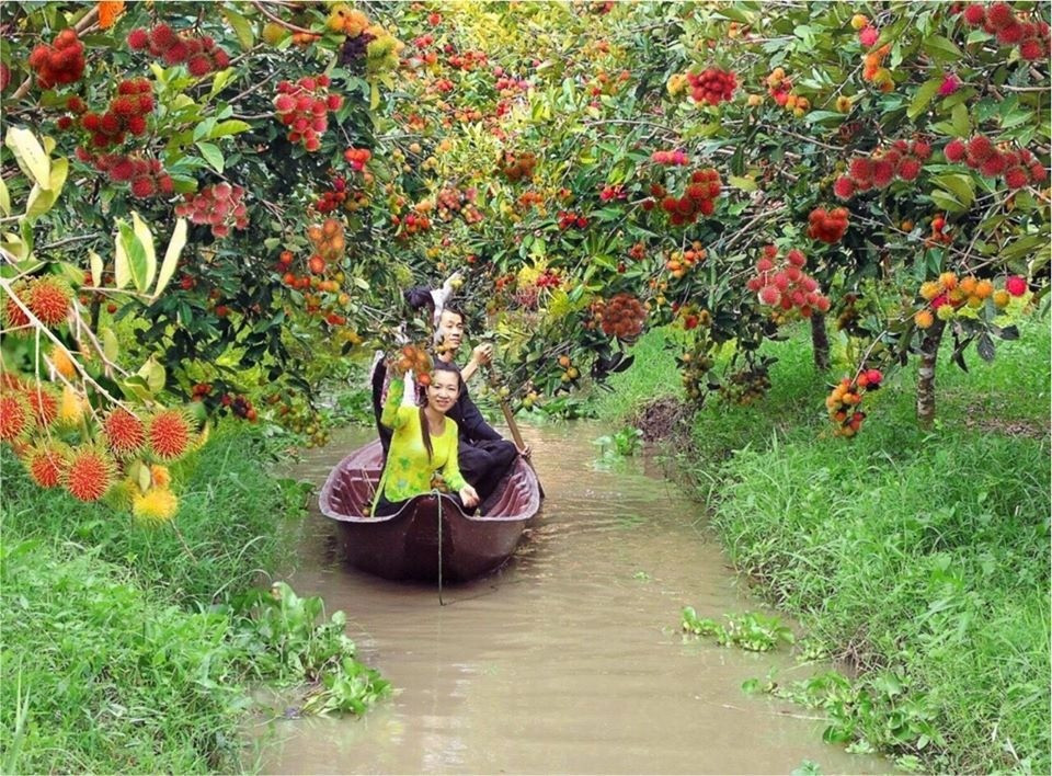 Du khách tham quan và thưởng thức trái cây tại Làng du lịch Mỹ Khánh (Cần Thơ)