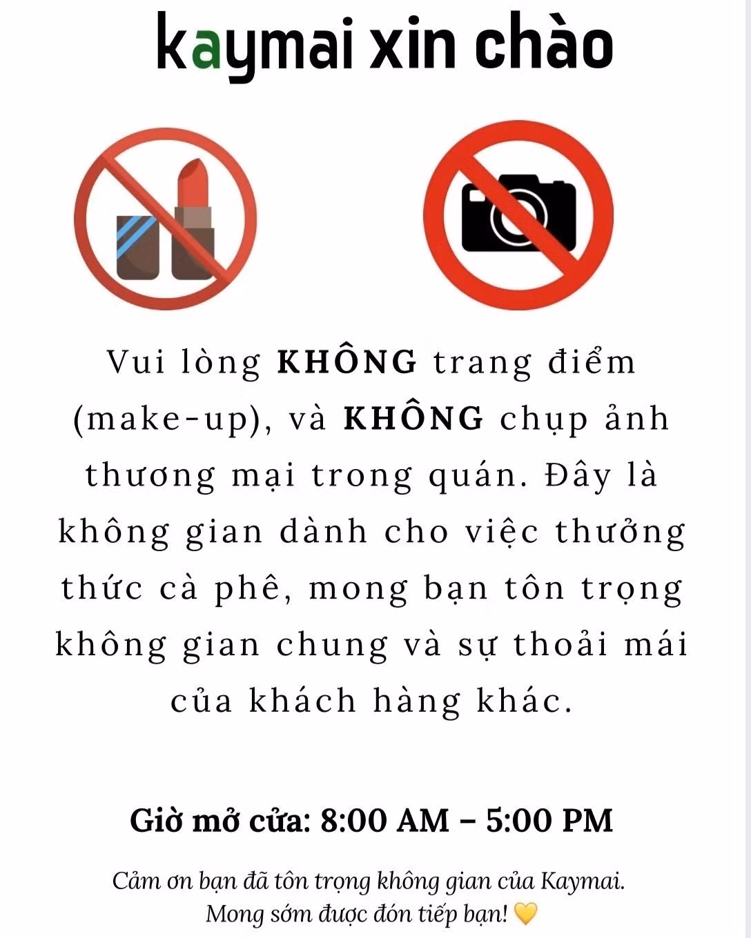 Một quán cà phê, bánh kết hợp bán sách và đồ thủ công tại phường Cửa Đại quy định "không trang điểm" và "không chụp ảnh" trong quán