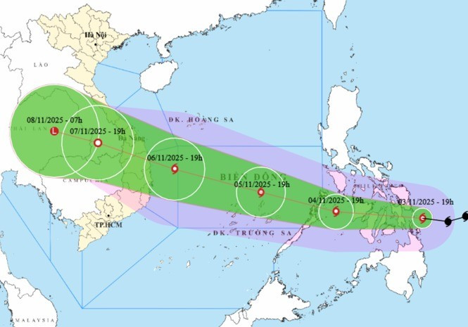 Dự báo hướng đi và vùng ảnh hưởng của bão Kalmaegi, tối 3/11