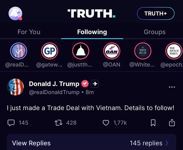 Tổng thống Trump viết: "I just made a Trade Deal with Vietnam. Details to follow!" (“Tôi vừa đạt được một Thỏa thuận Thương mại với Việt Nam. Cụ thể hơn hãy chờ những thông tin tiếp theo") trump.jpg