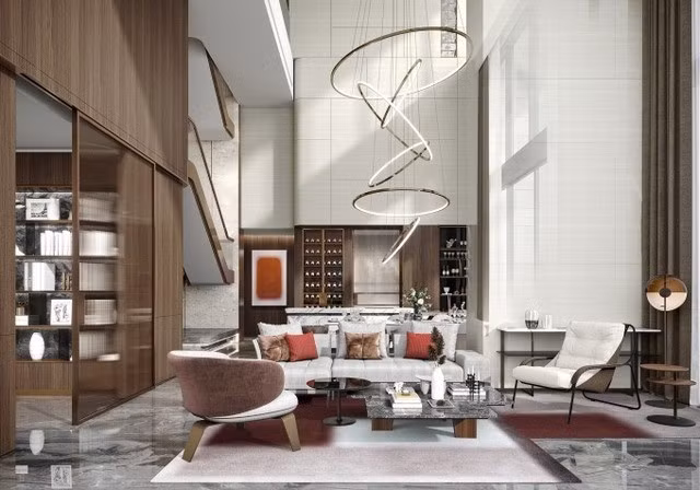 Phòng khách có diện tích lên tới hơn 65 m2 với ban công rộng thoáng