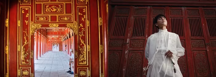 Hành lang thếp đỏ mang đến cảm giác vừa cổ kính vừa lãng mạn, gợi nhắc vẻ đẹp cung đình nhưng không quá xa cách với khán giả trẻ