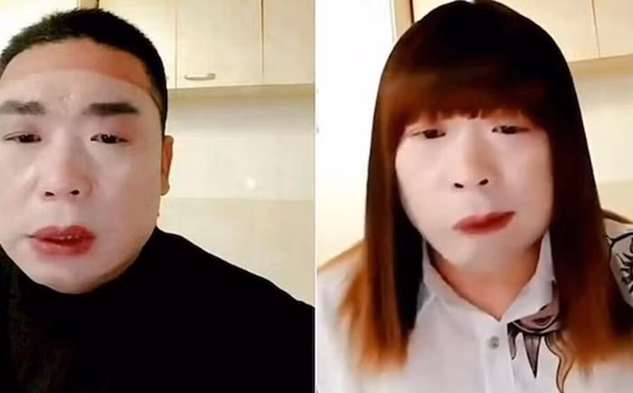 Người đàn ông giả gái trước và sau khi trang điểm để lừa tình thanh niên trẻ. Ảnh: Guangming/Xinhua