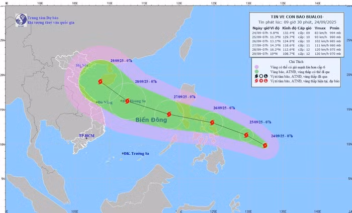 Dự báo khoảng đêm 26/9, cơn bão Bualoi sẽ đi vào Biển Đông và trở thành cơn bão số 10 năm 2025