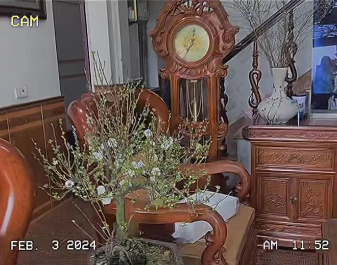 Phòng khách được thiết kế đơn giản kiểu truyền thống với nội thất và sàn nhà bằng gỗ, tường dán giấy hoa văn nhẹ nhàng