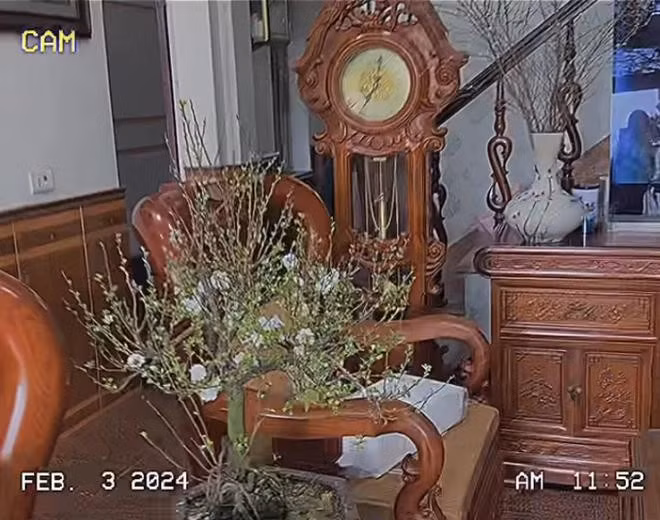 Phòng khách được thiết kế đơn giản kiểu truyền thống với nội thất và sàn nhà bằng gỗ, tường dán giấy hoa văn nhẹ nhàng