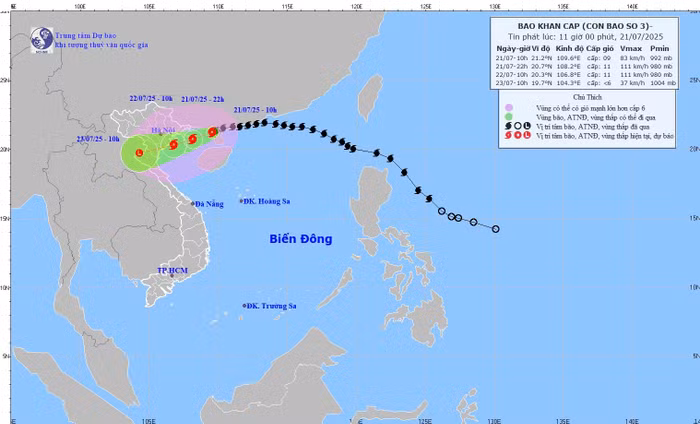 Đường đi và vị trí của bão số 3