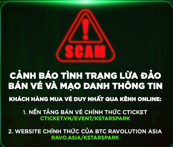 Ban tổ chức Ravolution Asia cảnh báo người hâm mộ cẩn trọng trước các hành vi lừa đảo vé sự kiện VPBank Presents K-Star Spark in Vietnam 2025 và chỉ nên mua vé qua các kênh chính thức để đảm bảo an toàn