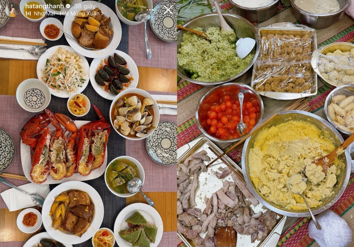 Không chỉ tổ chức ngày gói bánh cùng nhau, gia đình Hà Tăng còn chuẩn bị bữa tiệc đầu xuân công phu với bàn tiệc thịnh soạn. Từ các món ăn truyền thống đến thực đơn hiện đại đều được bày biện đẹp mắt