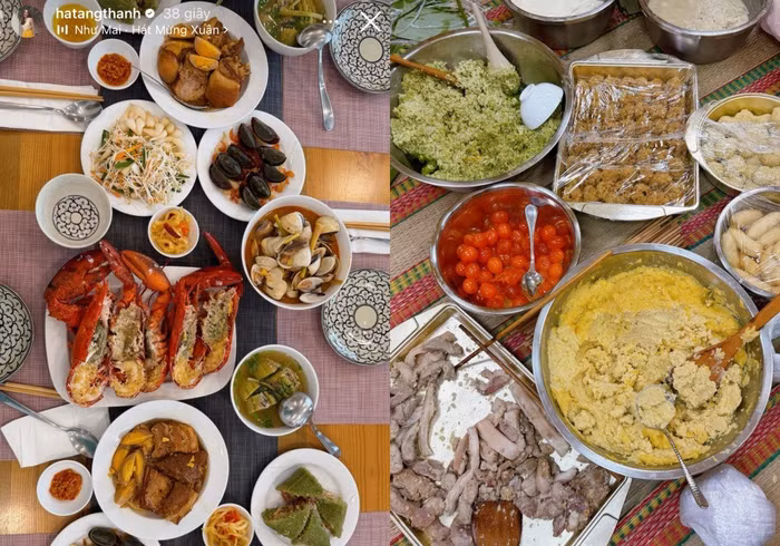 Không chỉ tổ chức ngày gói bánh cùng nhau, gia đình Hà Tăng còn chuẩn bị bữa tiệc đầu xuân công phu với bàn tiệc thịnh soạn. Từ các món ăn truyền thống đến thực đơn hiện đại đều được bày biện đẹp mắt