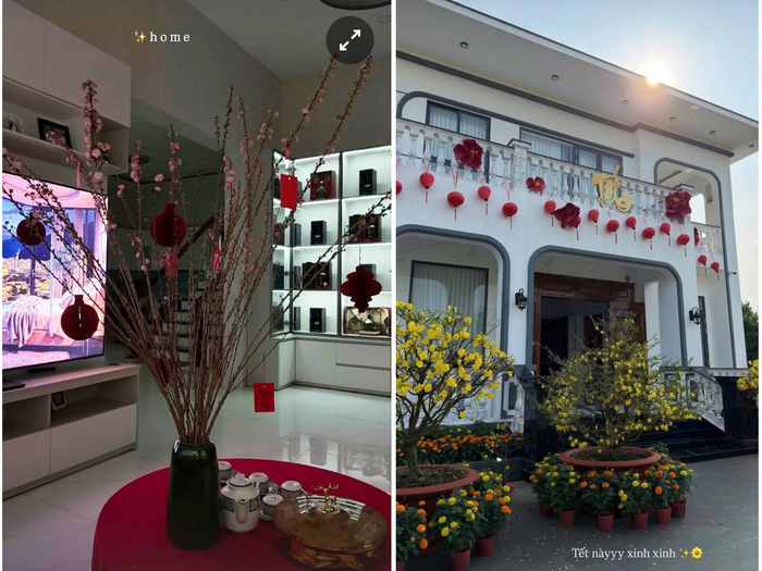 Biệt thự bạc tỷ ở Hưng Yên của gia đình Văn Lâm, Yến Xuân cũng rộn ràng không khí Tết với loạt hoa đủ sắc màu từ trong đến ngoài khuôn viên. Tết Bính Ngọ cũng đánh dấu năm đầu tiên vợ chồng anh "lên chức" cha mẹ, đón thêm thành viên mới trong gia đình là cậu con trai đầu lòng