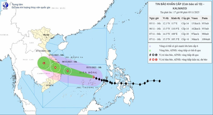 Hướng di chuyển của bão số 13 Kalmaegi, cập nhật chiều 5/11