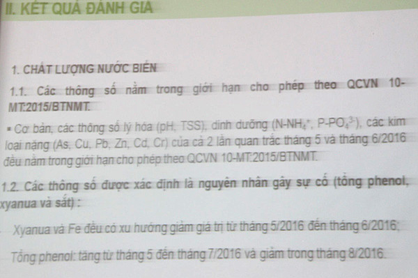 Kết quả đánh giá chất lượng nước biển.