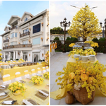 Trong khuôn viên biệt thự, ngoài sắc vàng của hoa mai còn có hàng chục bàn tiệc được bày biện sát nhau, trang trí nhiều loại hoa màu vàng như hoa cúc, lan vũ nữ, hoa hồng, cẩm tú cầu,... tạo nên cảnh tượng rực rỡ